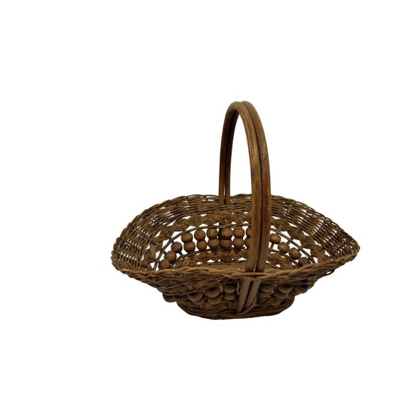 Large Vintage Willow Wicker Wood Bead Basket Handmade Rattan 16 inch - Picture 2 of 9